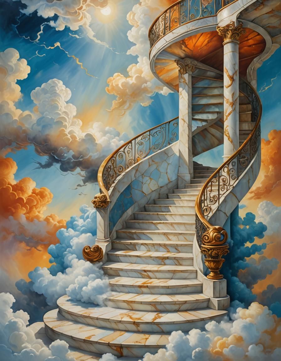 Surreal Marble Stairway to Heaven in Clouds
