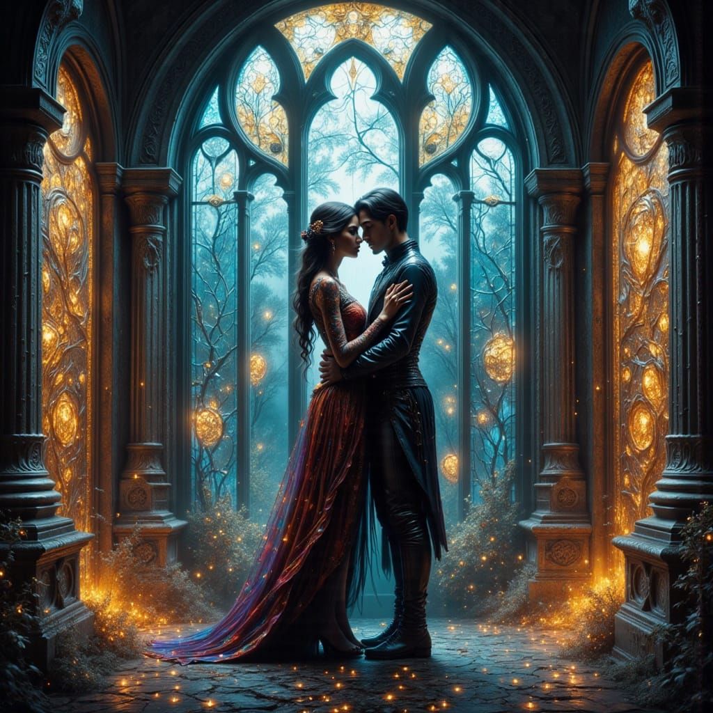 Loving Couple Embracing in Stained Glass Room