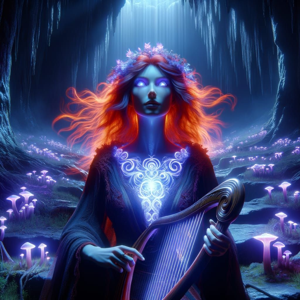 Epic Bioluminescent Bard in Glowing Cave