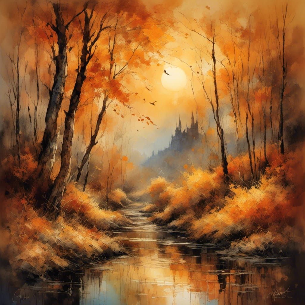 Golden Impressionist Autumn Landscape Painting