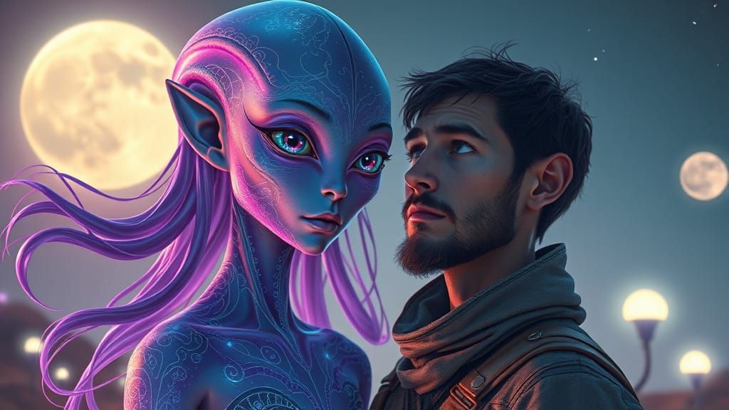 Cinematic Hyper-Realistic Alien Encounter in Vibrant Violet....