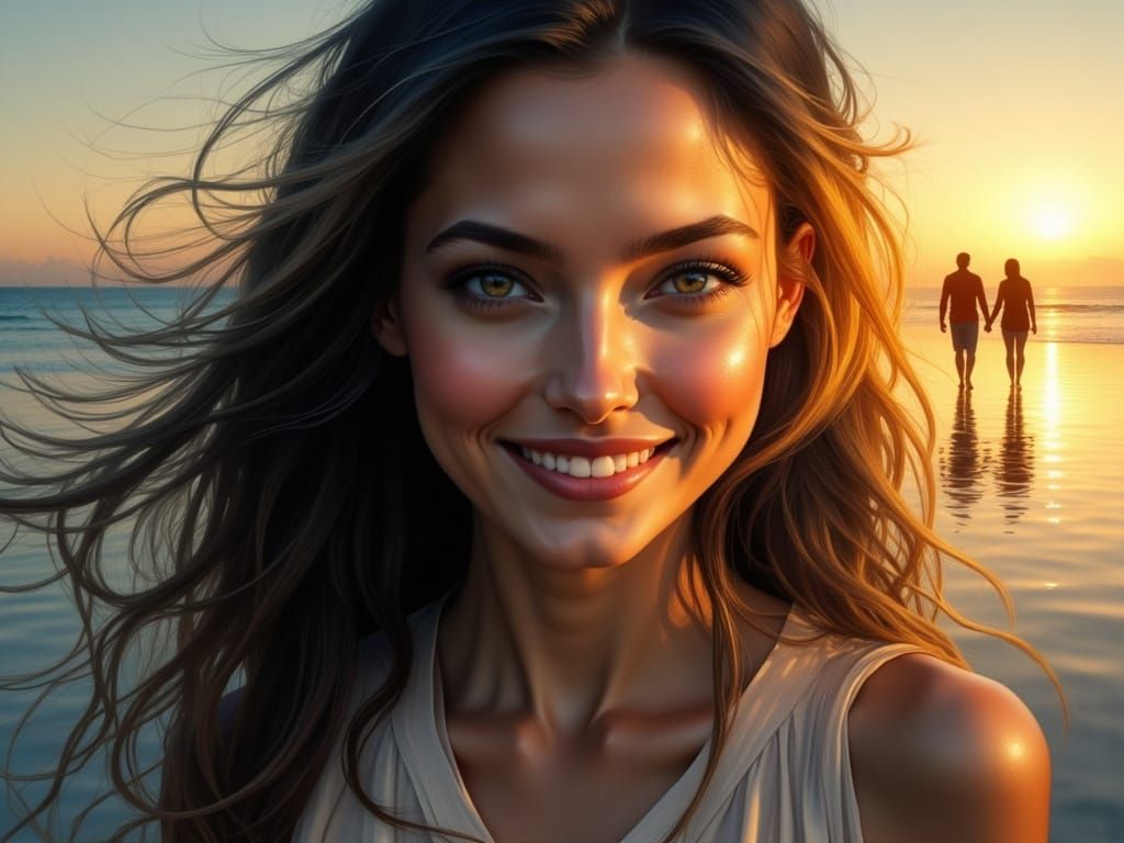 Enchanting Beach Stroll in Dreamlike Hyperrealism
