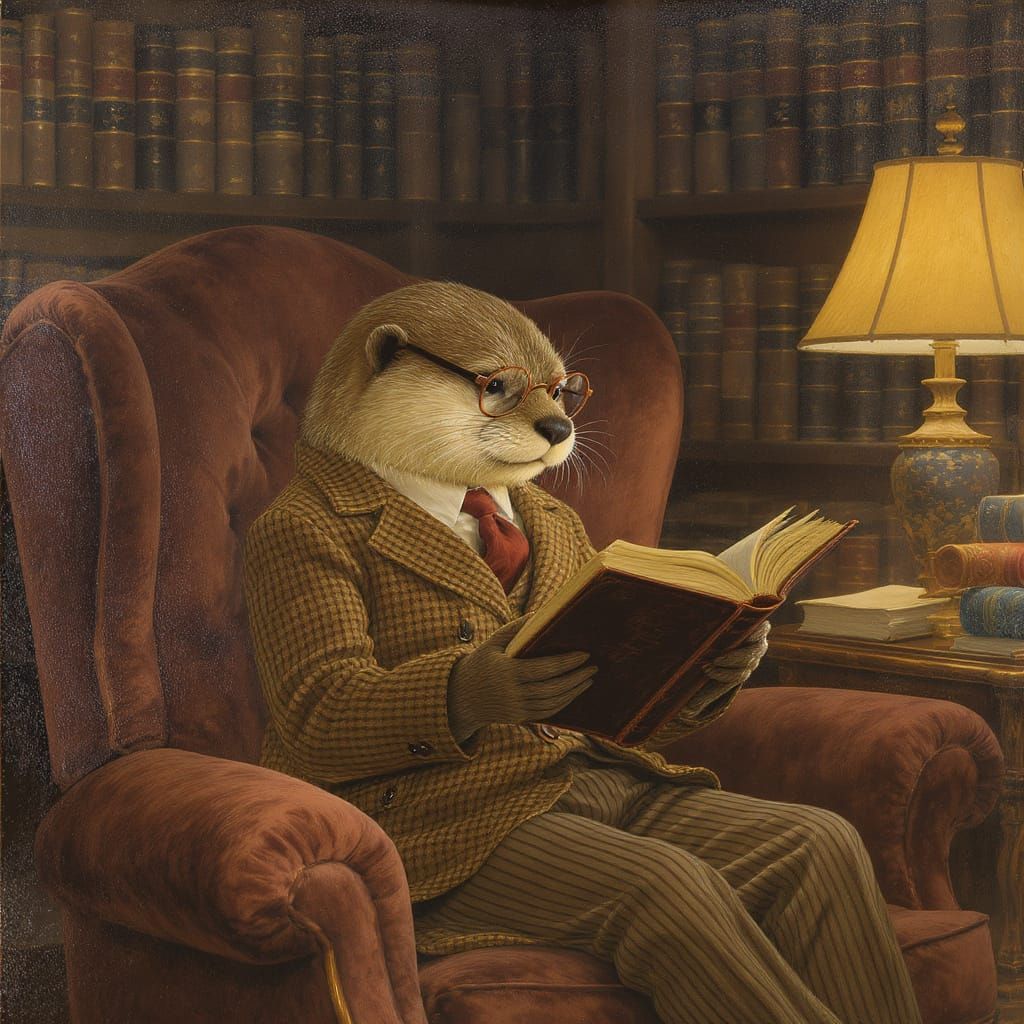 Otter Gentleman Reading Book in Cosy Study