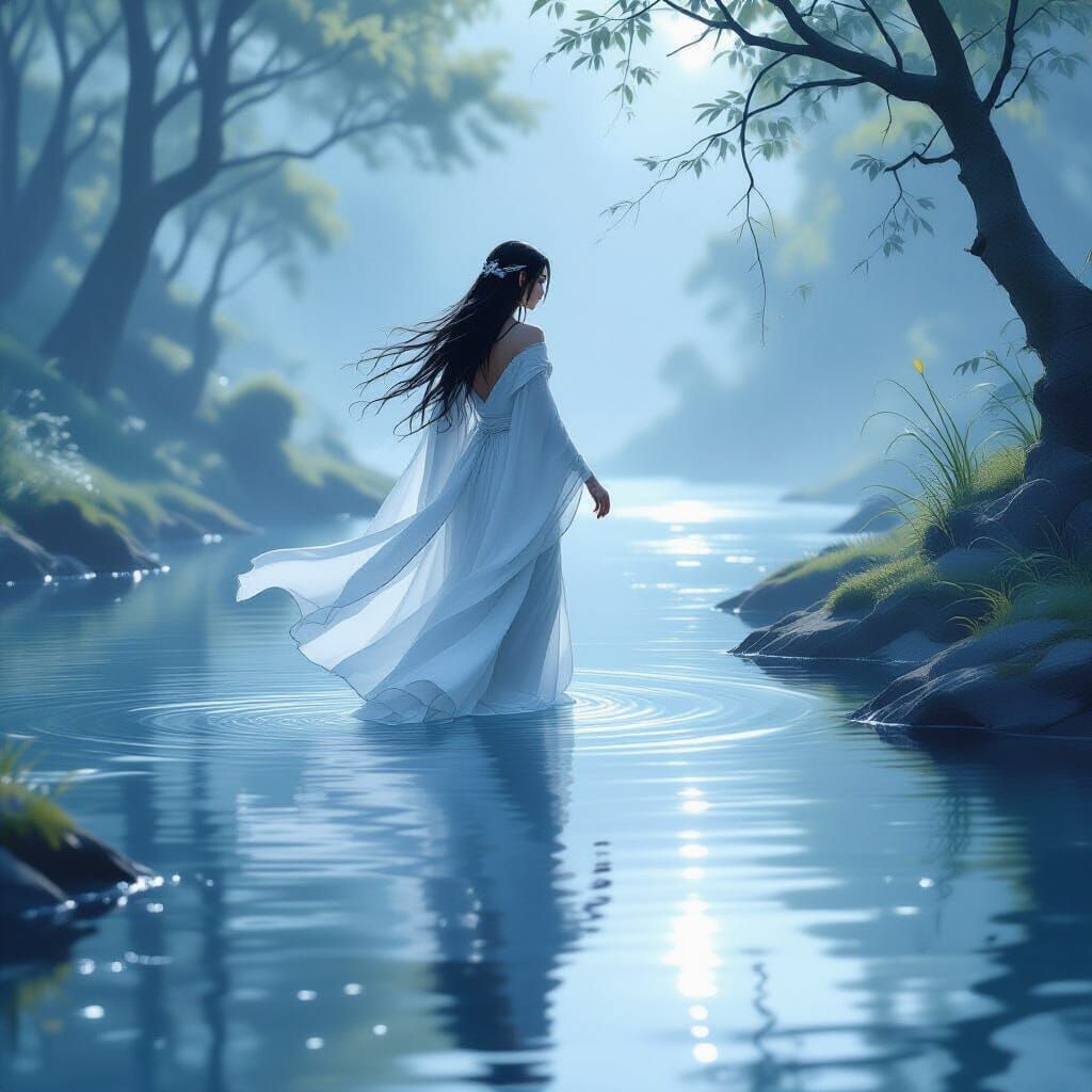 Ethereal Elf Silhouette Crossing Misty River