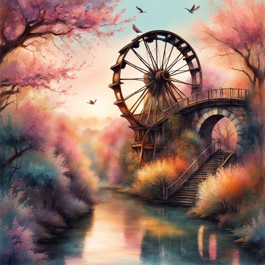Pastel Watercolor Aqueducts and Water Wheels