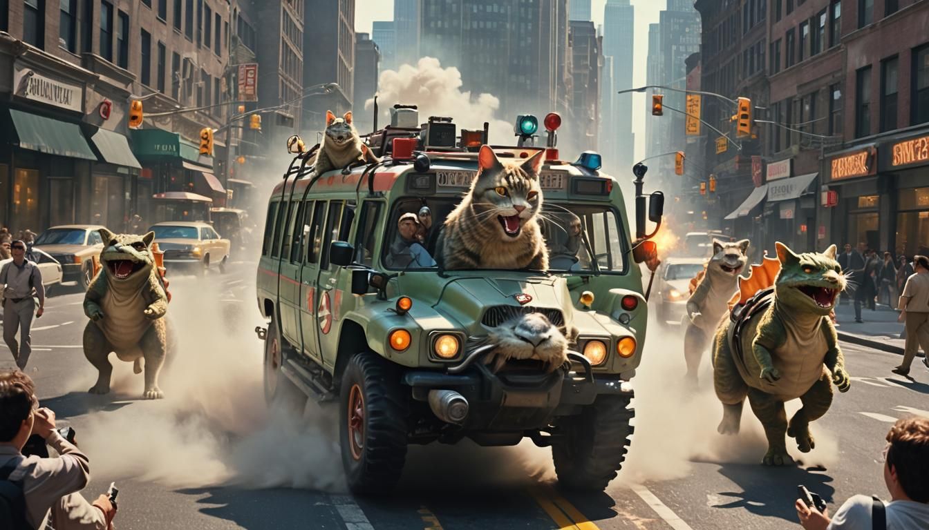Ghostbusters Ride a Cat-Bus Through Dinosaur-Infested NYC