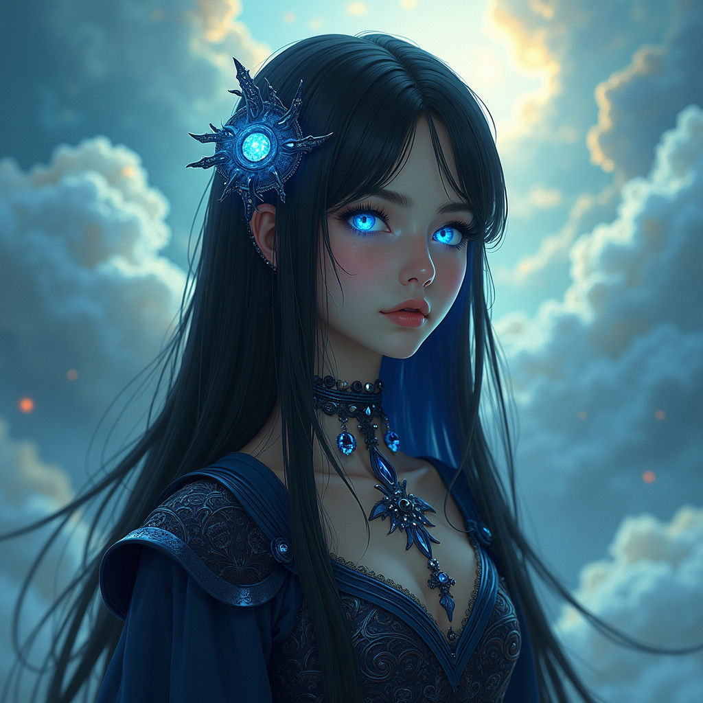 Mystical Woman with Blue Eyes in Fantasy Landscape