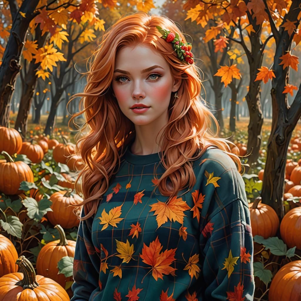 Autumn Woman in Pumpkin Patch, Photorealistic Art