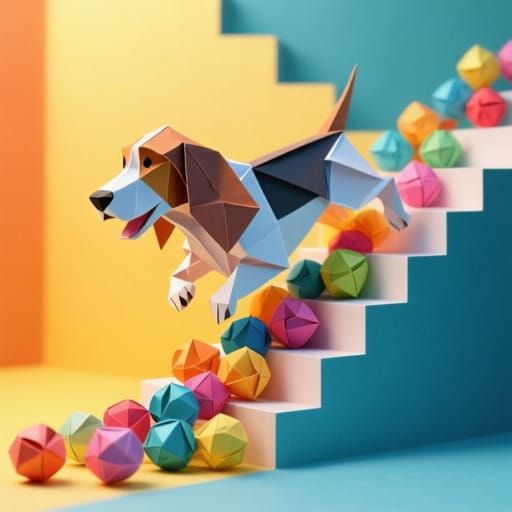 Origami Basset Hound Chasing Paper Balls Down Geometric Stai...