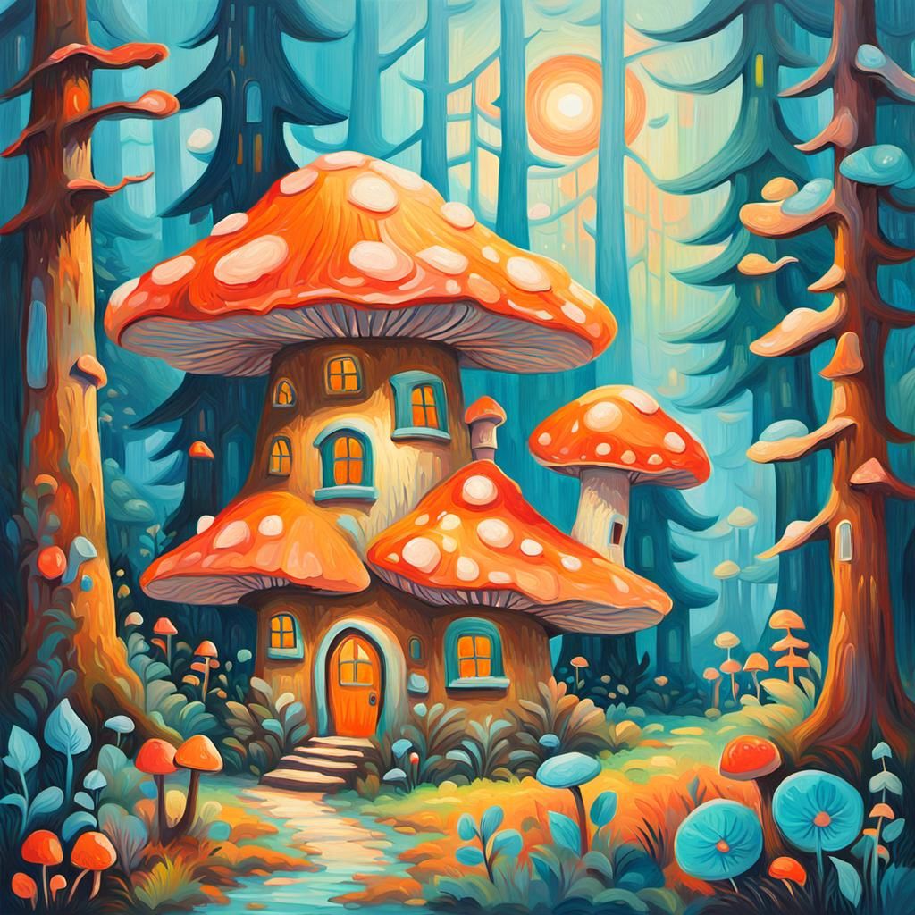 Whimsical Impressionist Masterpiece of a Mushroom House