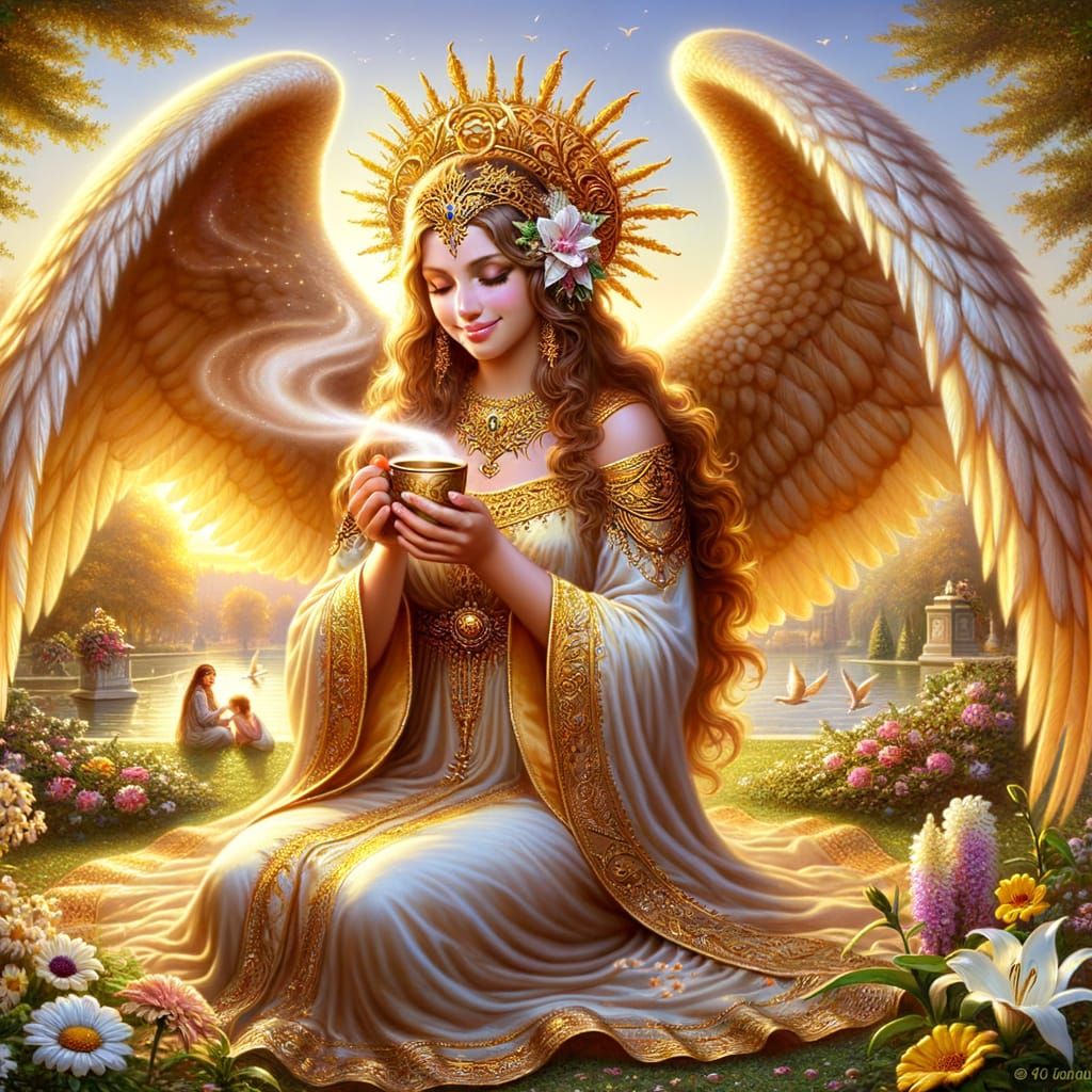 Middle-Eastern Angel Savoring Morning Coffee in Garden