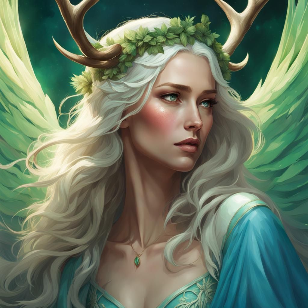 Woman with Antlers and Angel Wings, Hyperdetailed Portrait
