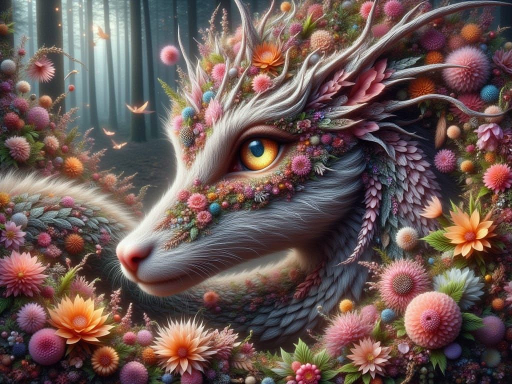 Floral Feline Dragon in a Fractal Forest