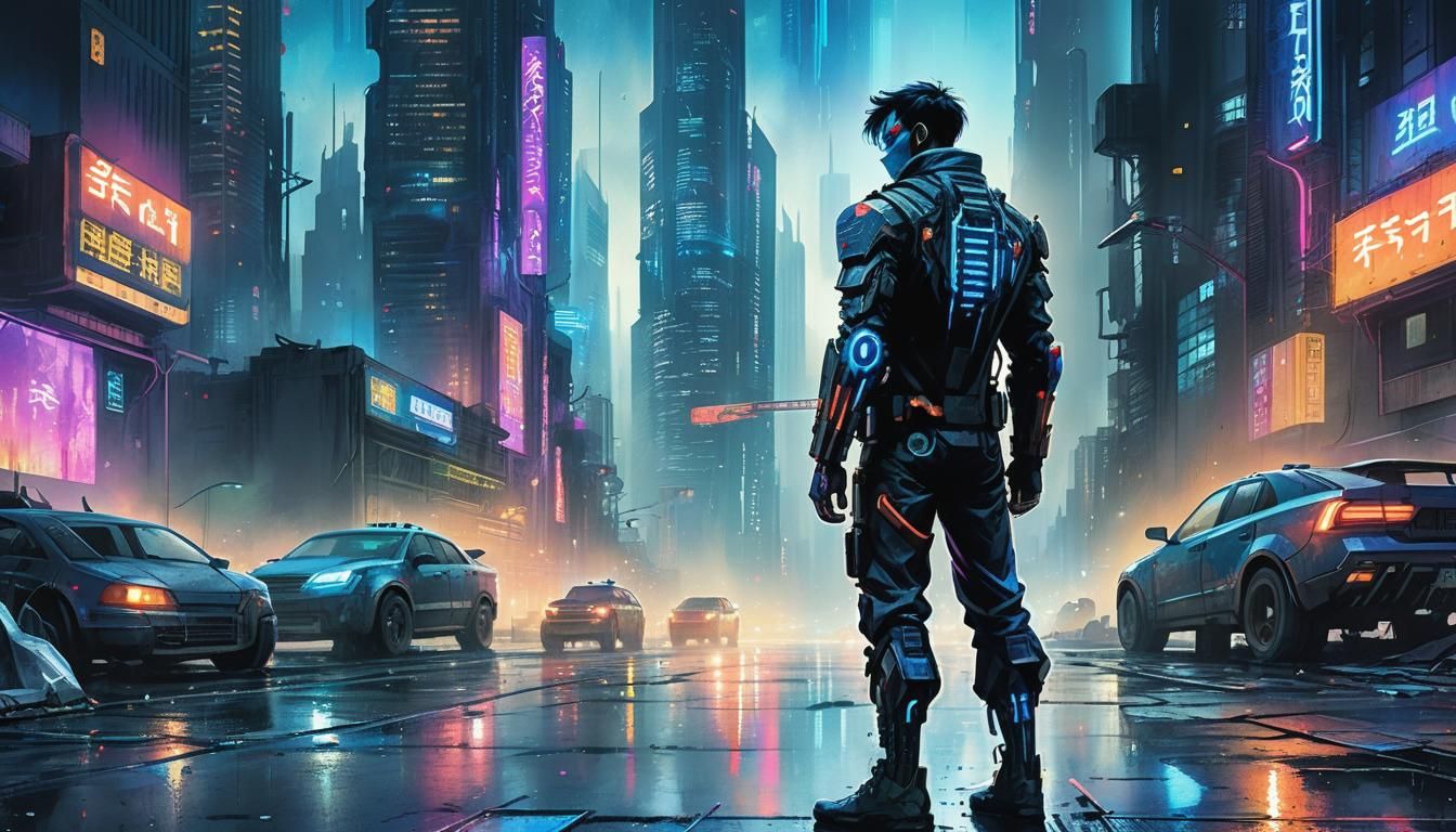 Cyberpunk Freedom Fighter in Metropolis Cityscape