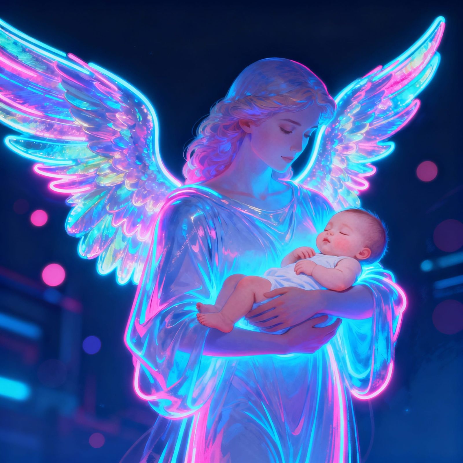 Neon Angel with Iridescent Wings Carries Baby