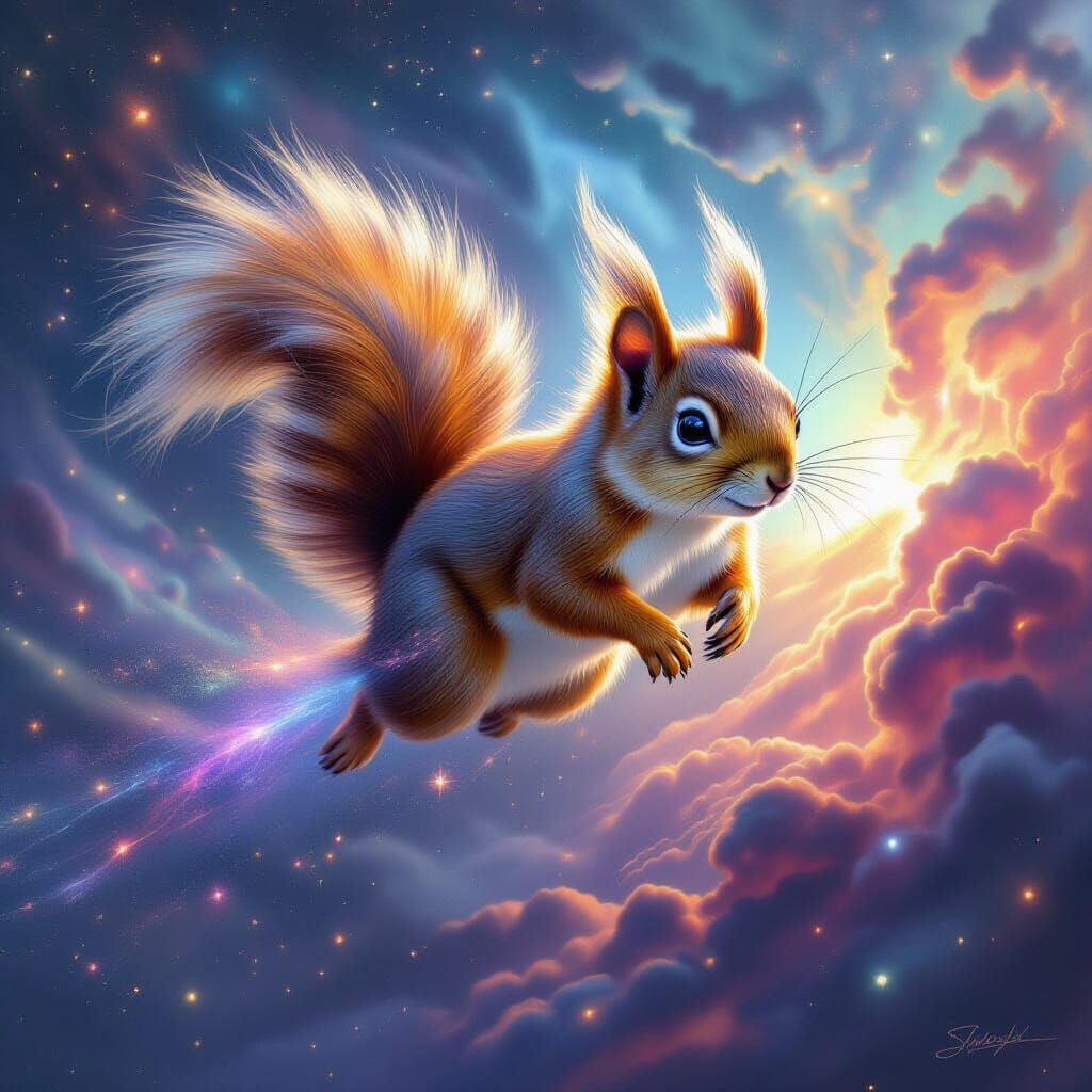 Majestic Squirrel Soars Through Nebula with Cosmic Dust