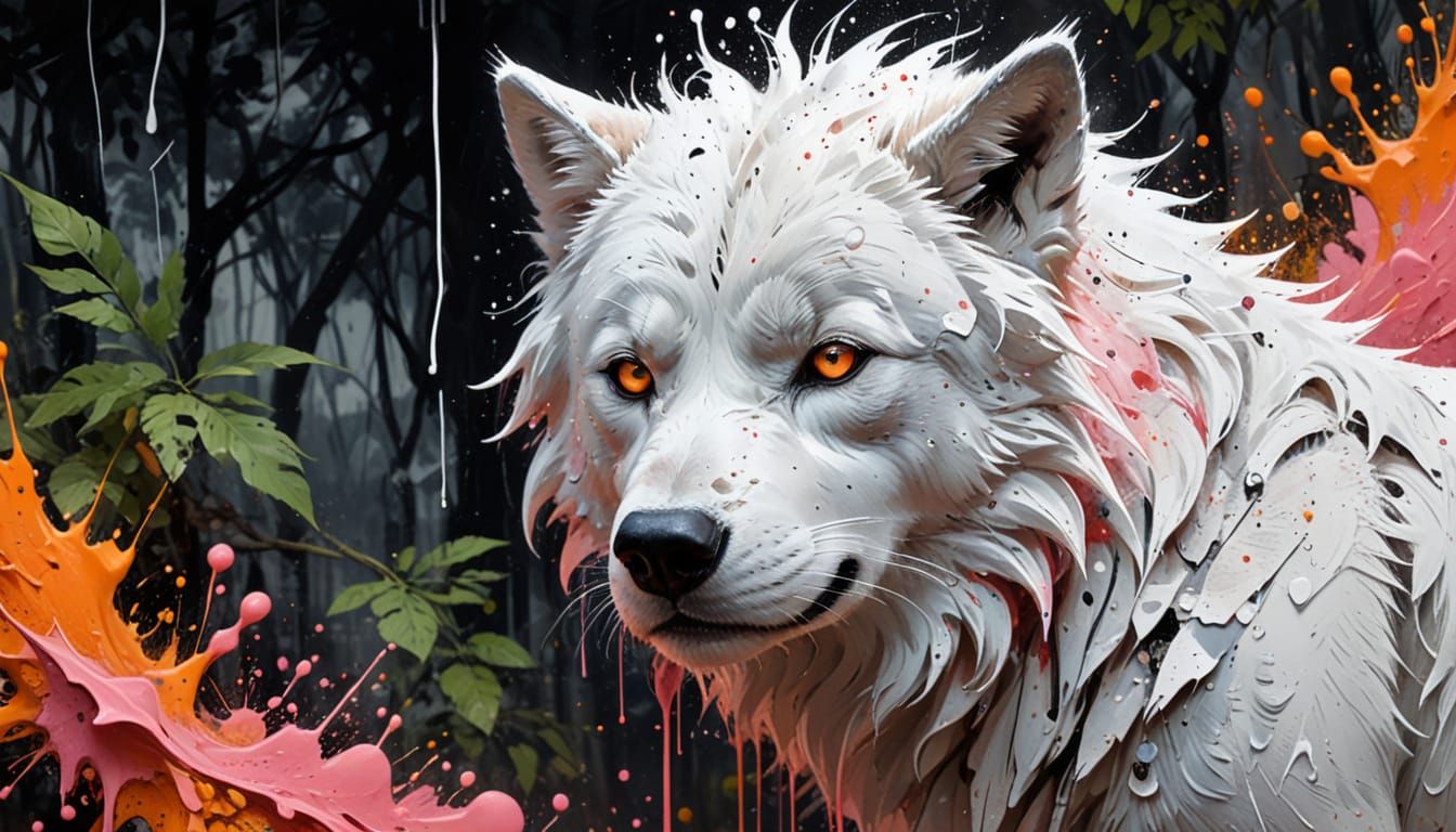 White Diamond Wolf Gazes at Misty Emerald Forest