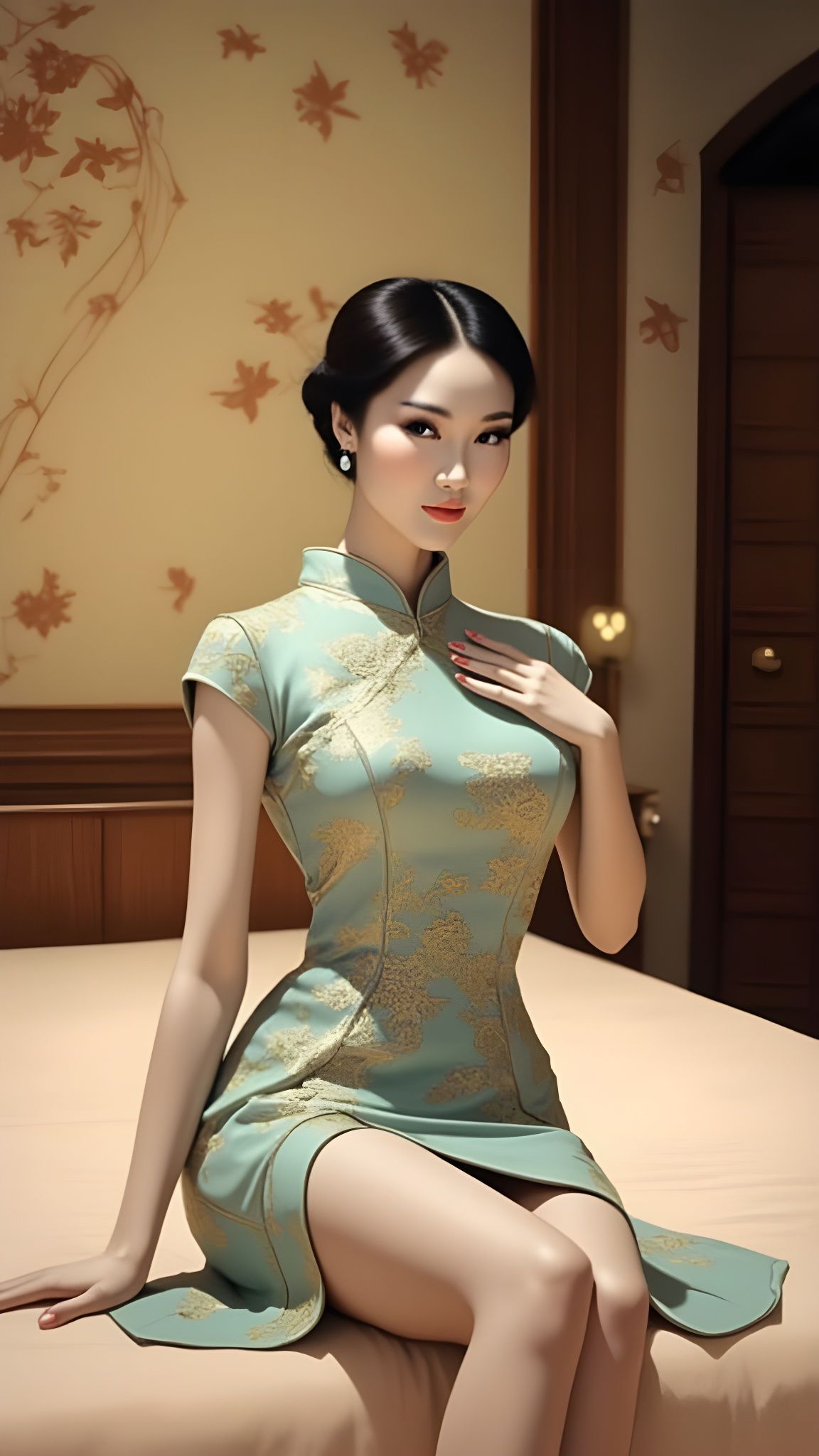 Elegant Asian Woman in Light Blue Qipao Dress