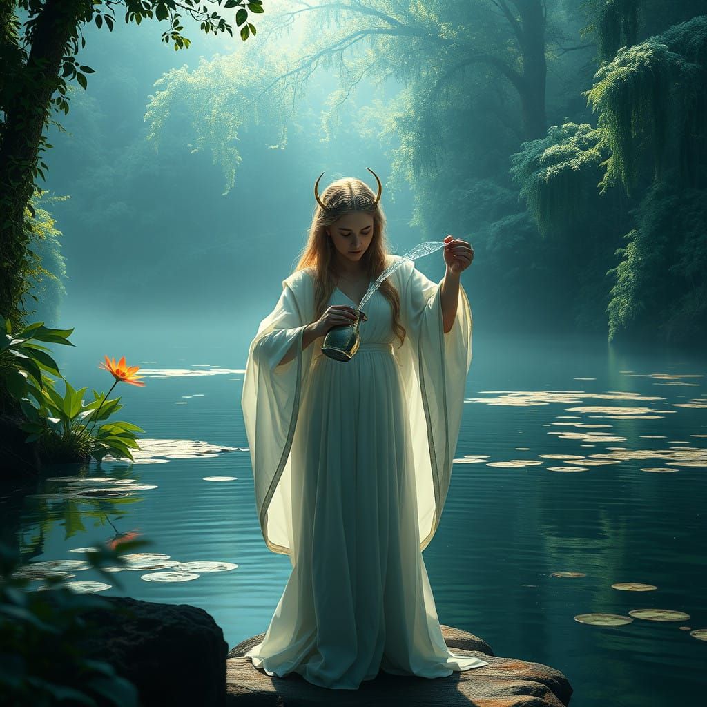 Mystical Priestess Teaches Balance in a Serene Lake Setting