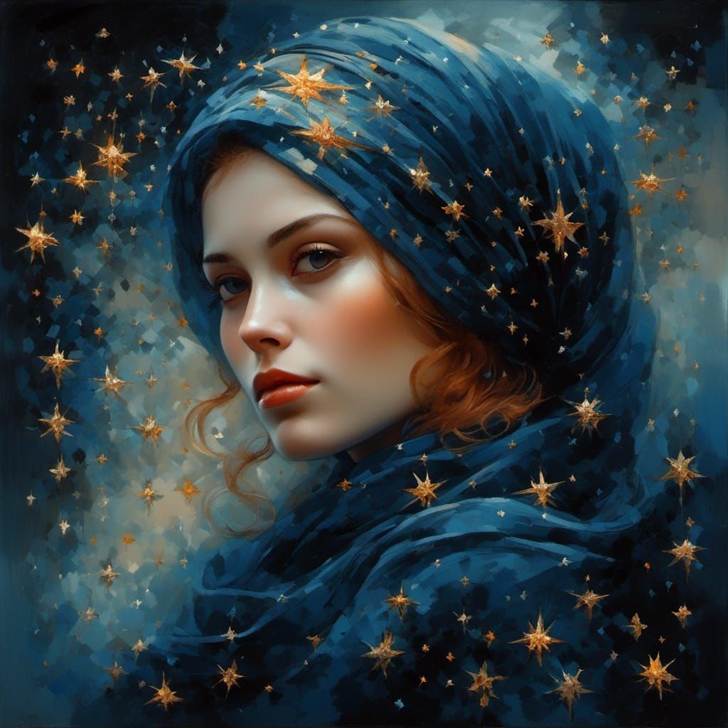 Woman in Headscarf Surrounded by Stars: Hyperrealistic Fanta...