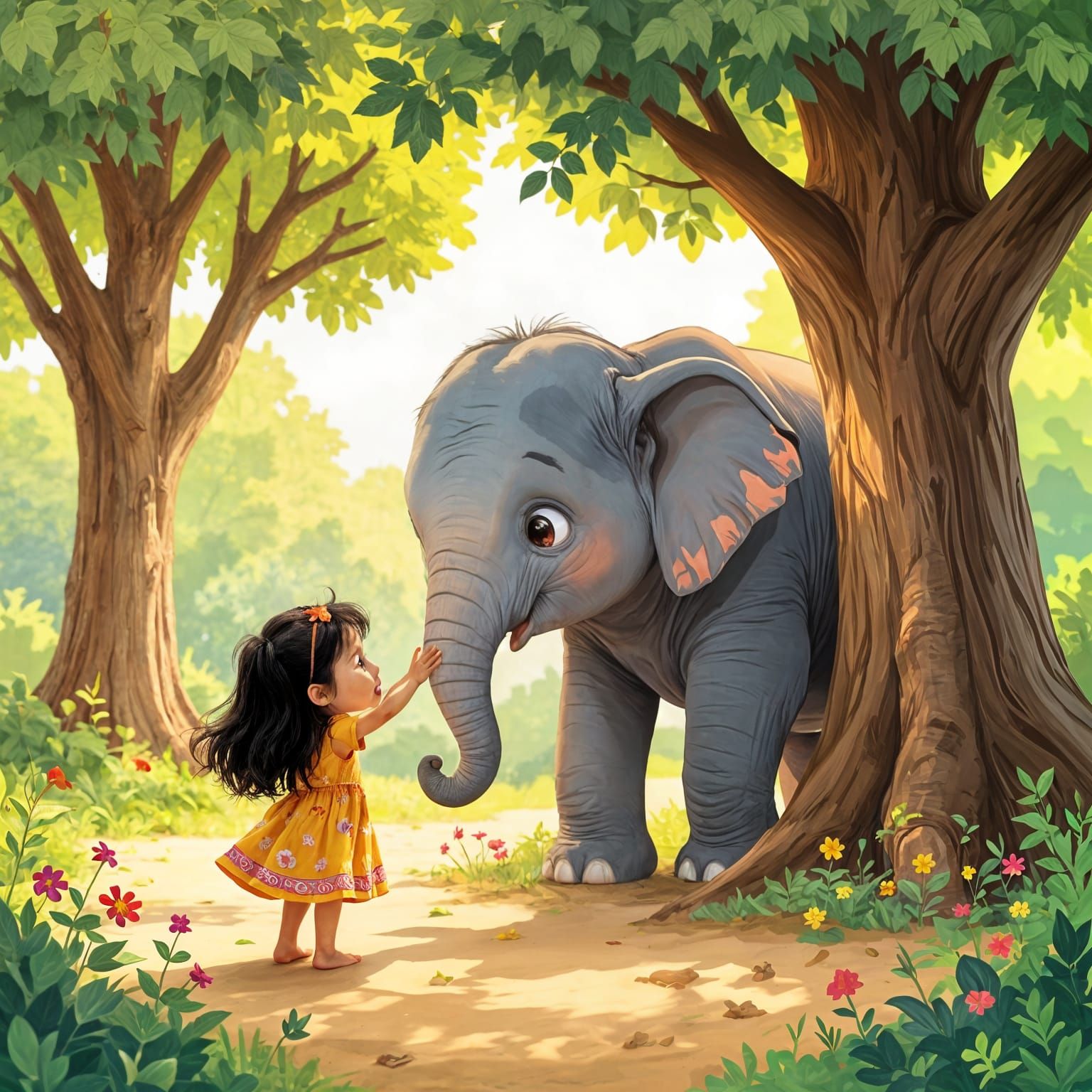 Child Plays Hide and Seek with Elephant Among Big Trees