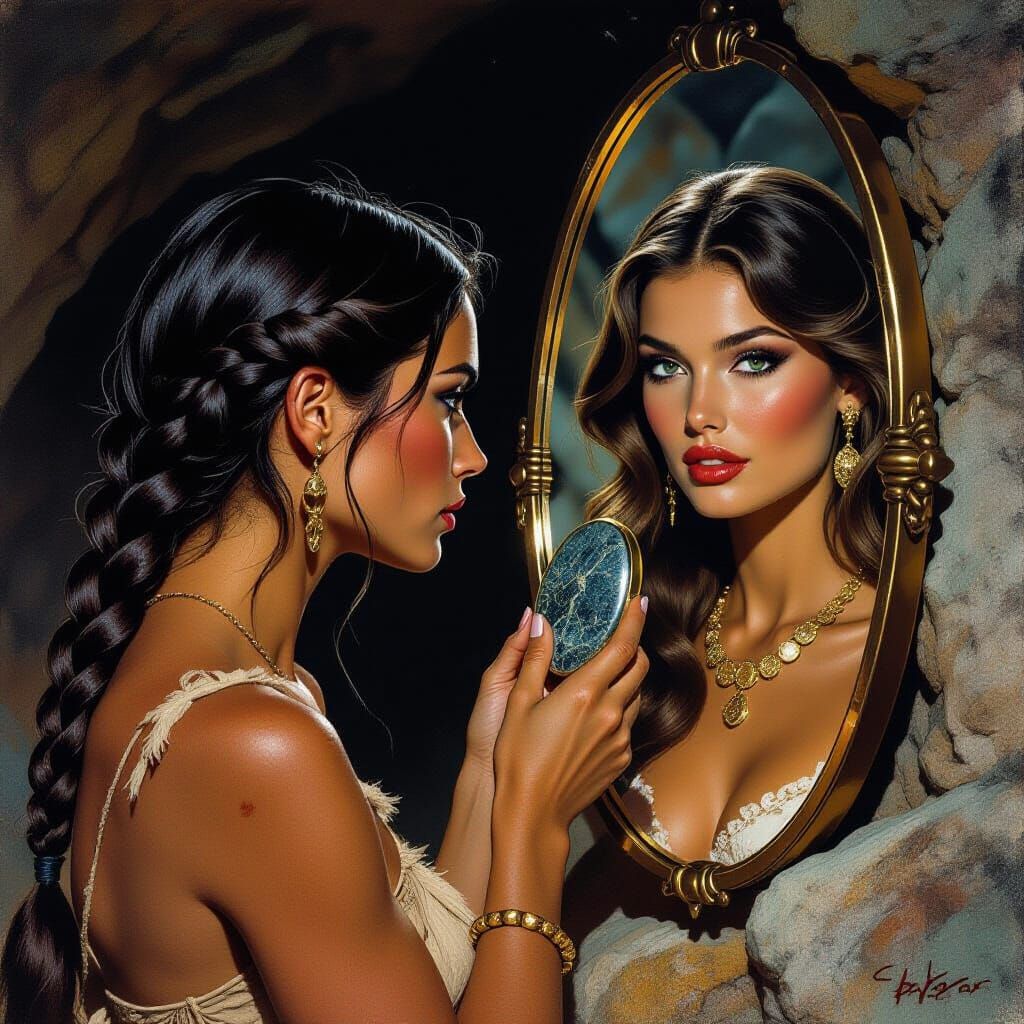 Cro-Magnon Woman Contemplates Reflection in Frazetta Style