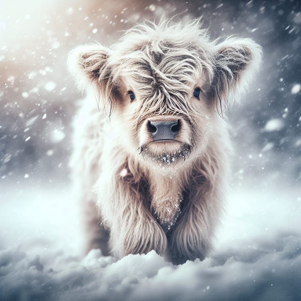 Monochromatic Highland Calf in Snowy Winter Scene