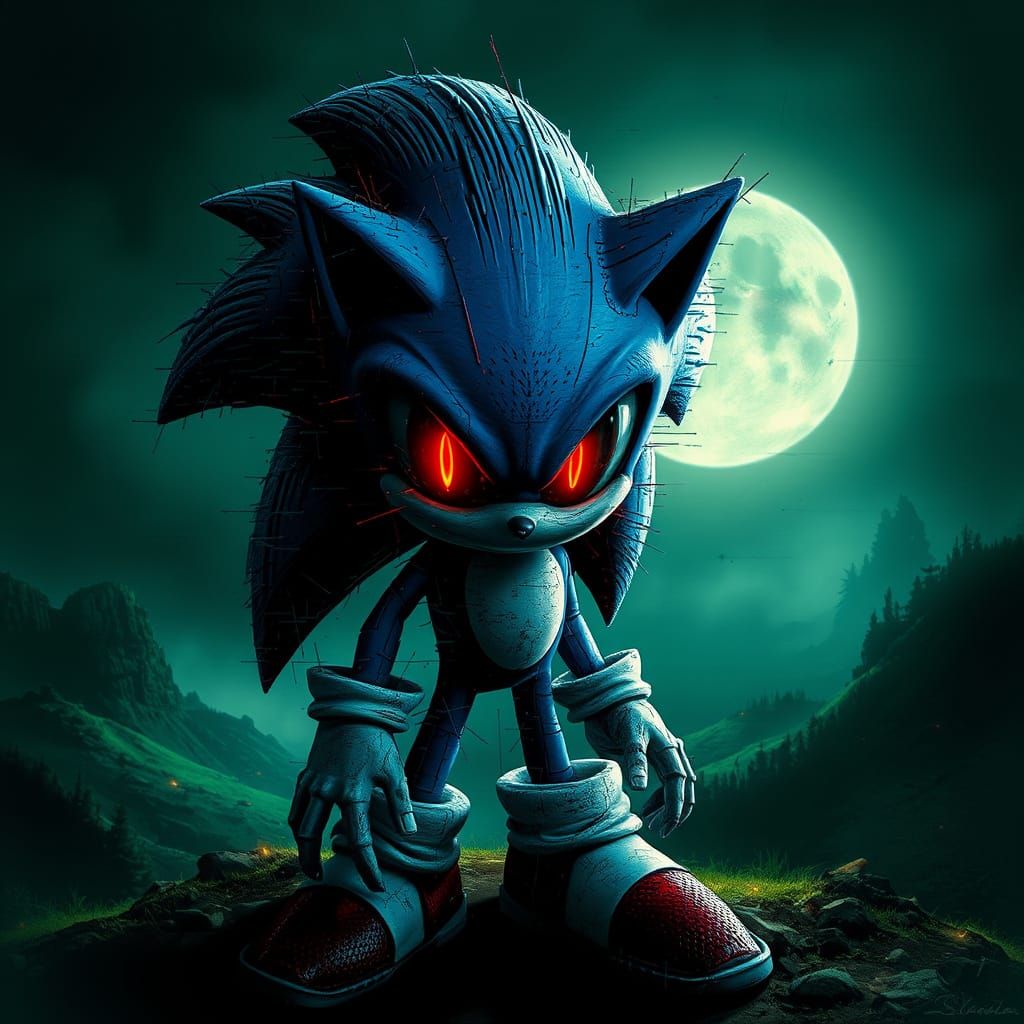 Distorted Sonic the Hedgehog in Haunted Glitch Art Style