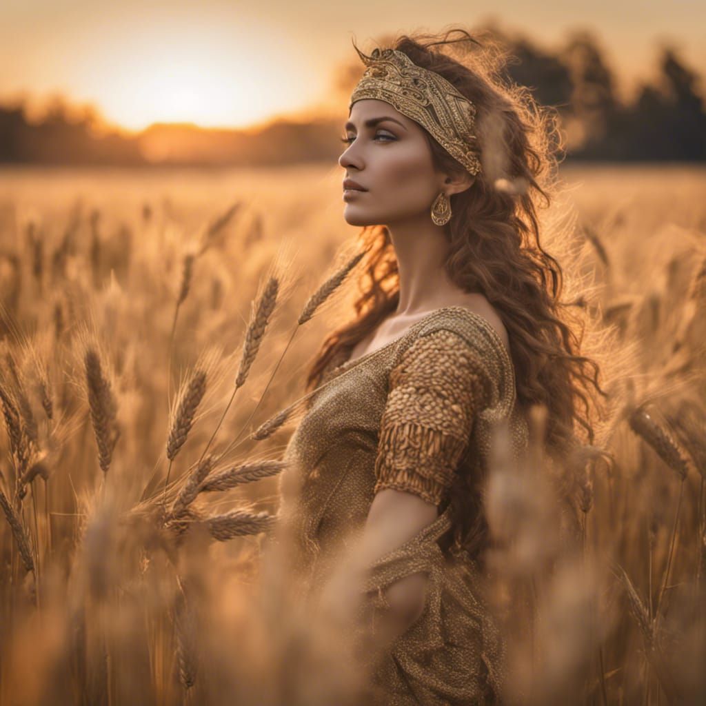 Harvest Goddess in Wheat Field at Sunrise
