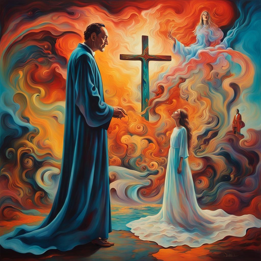 Surrealist Exorcism Scene in Vibrant Colors