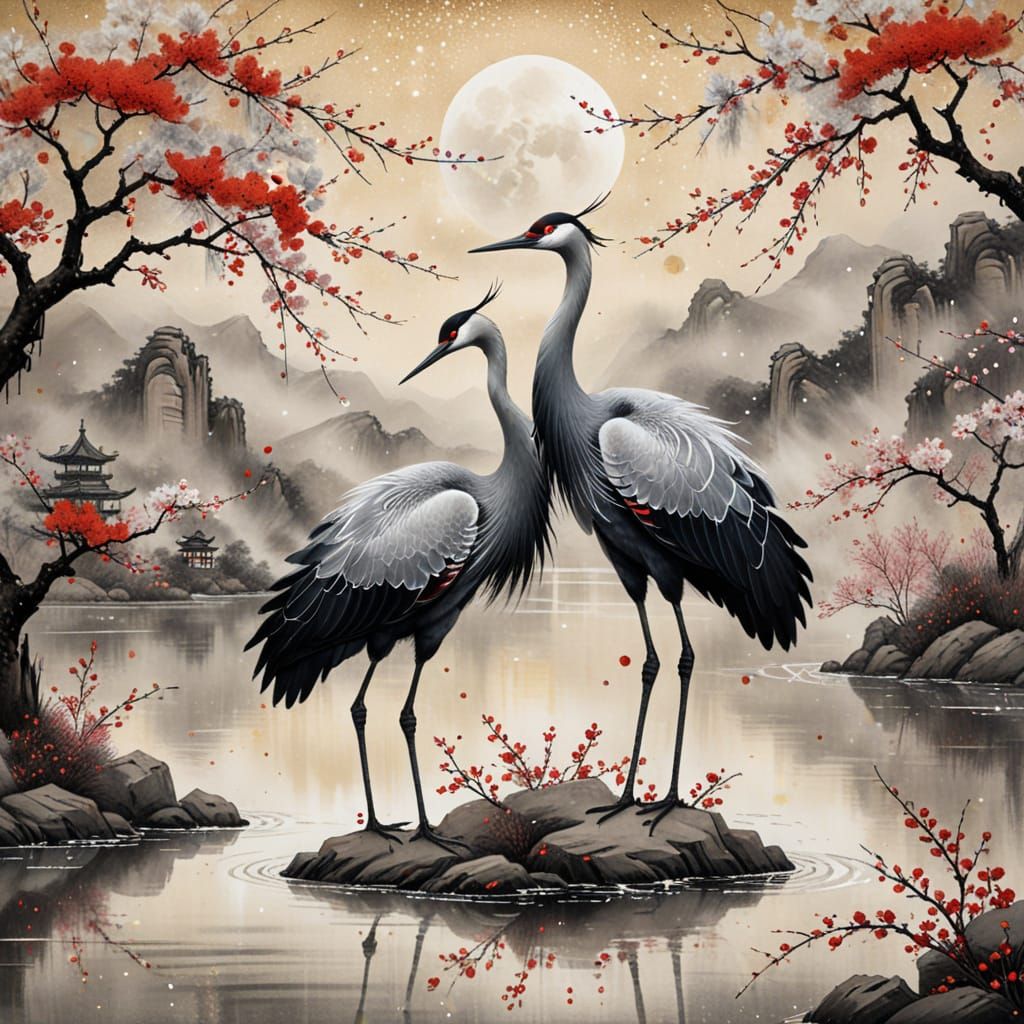 Lovers Cranes in Chinese Painting with Cherry Blossoms