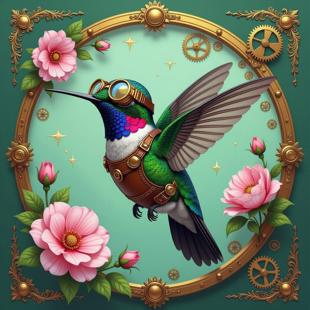 Steampunk Hummingbird with Gears and Flowers
