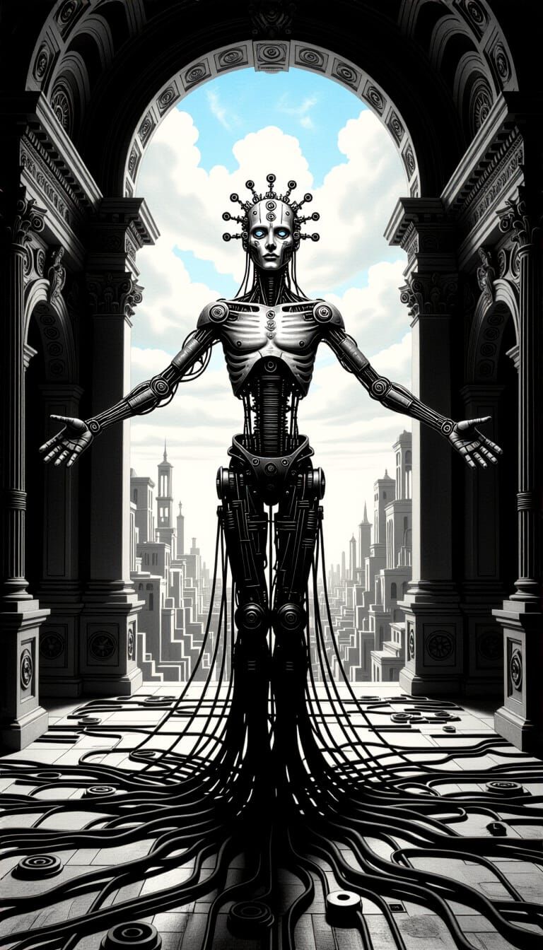 Surreal Cybernetic Figure in Ancient Ruins Charcoal Art