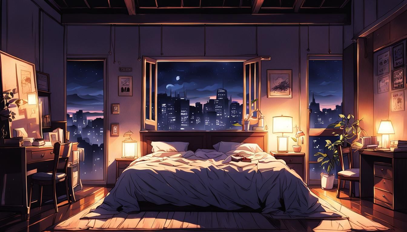 Cozy Bedroom at Night in Anime Style