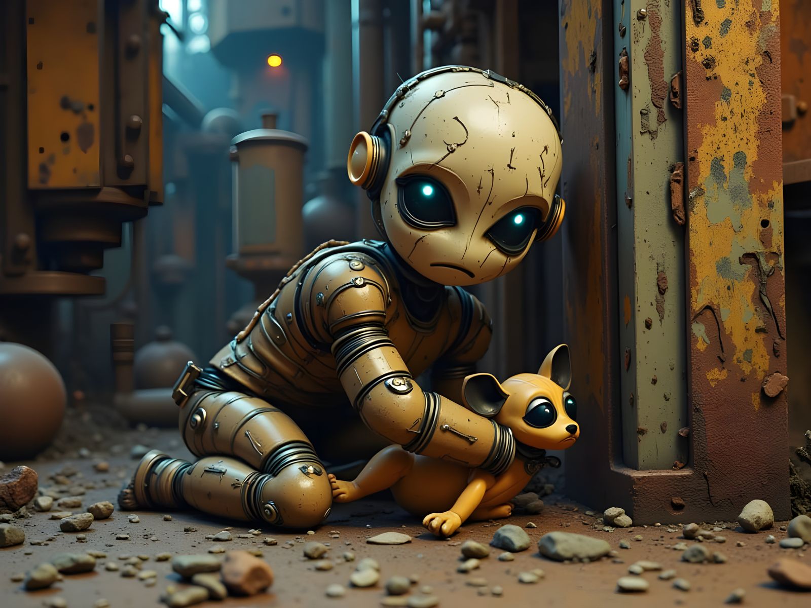 Heartbroken Robot Child in Abandoned Factory