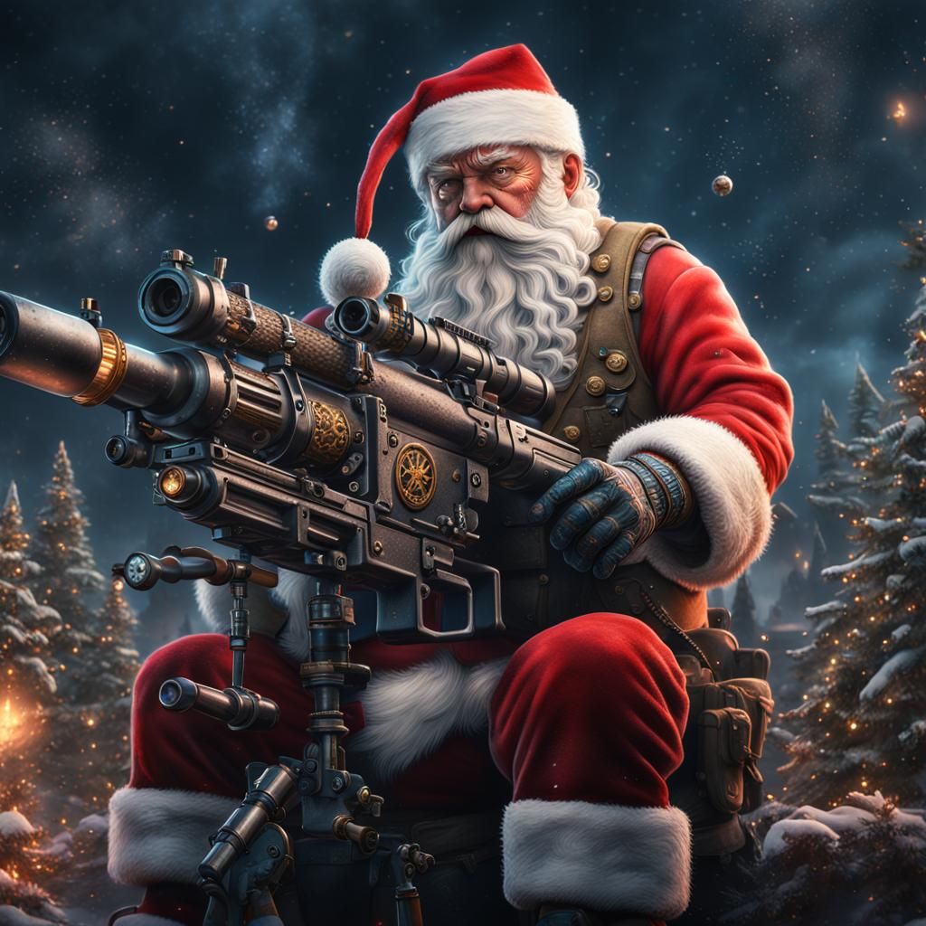 Santa Claus with Minigun: Detailed Matte Painting