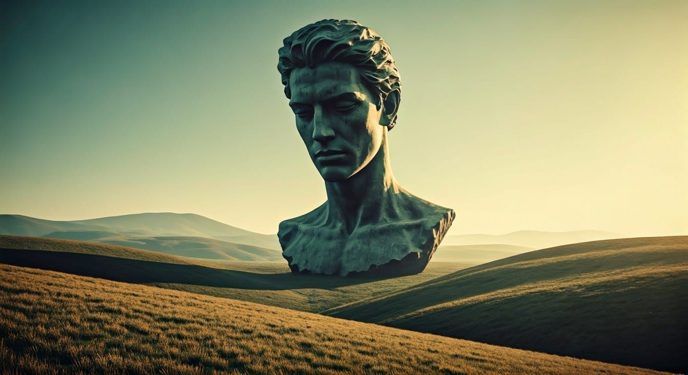 Retrofuturistic Zardoz Head Soars Over Mystical Landscape