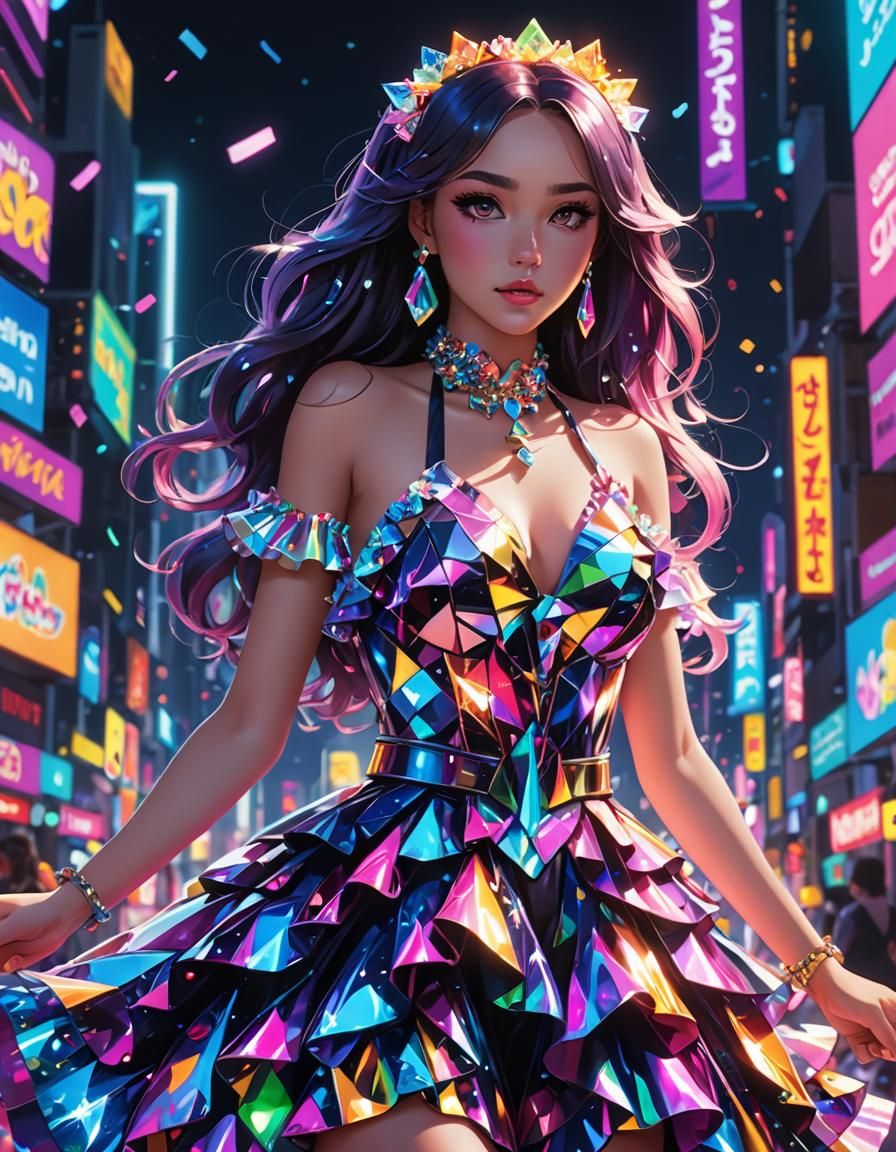 Neon Lights Illuminate Shattered Glass Dress