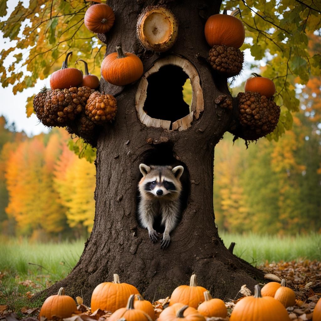 Raccoon Finds Abundant Autumn Harvest in Hollow Tree