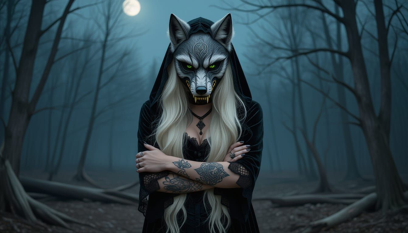 Gothic Woman in Moonlit Dead Forest