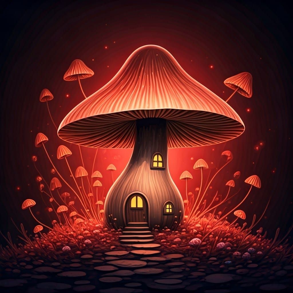 Enchanted Fairy Mushroom House in Bioluminescent Forest