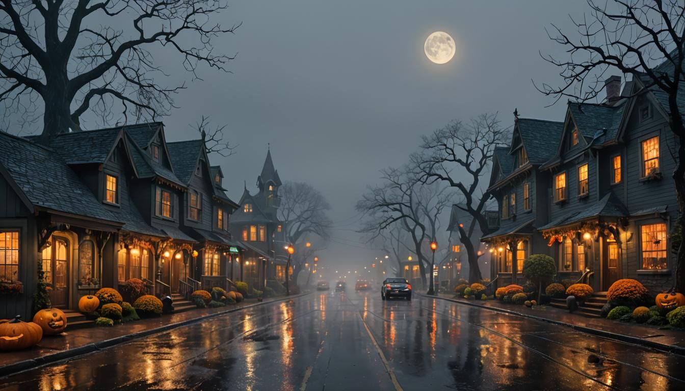 Kinkade's Halloween Town: A Dreary Digital Painting