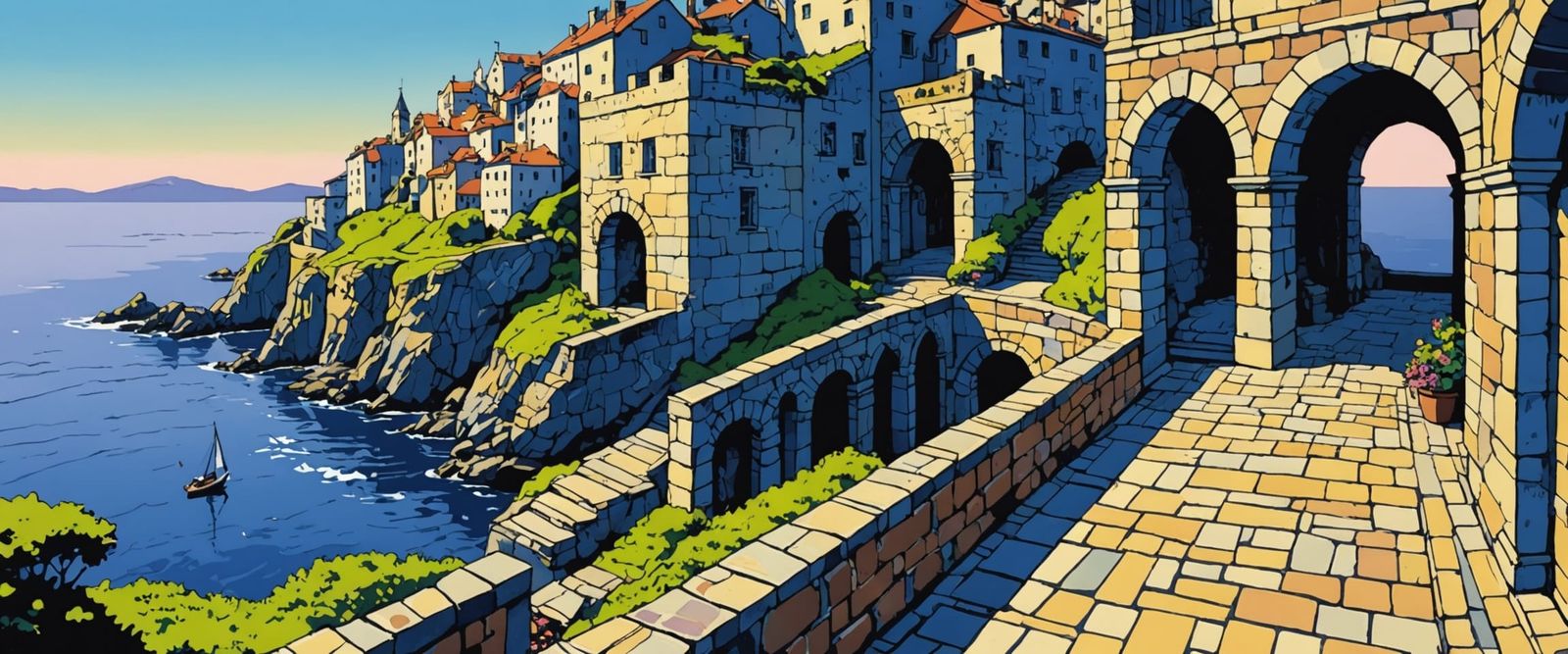 Seaside Vista in Comic Book Style Watercolor