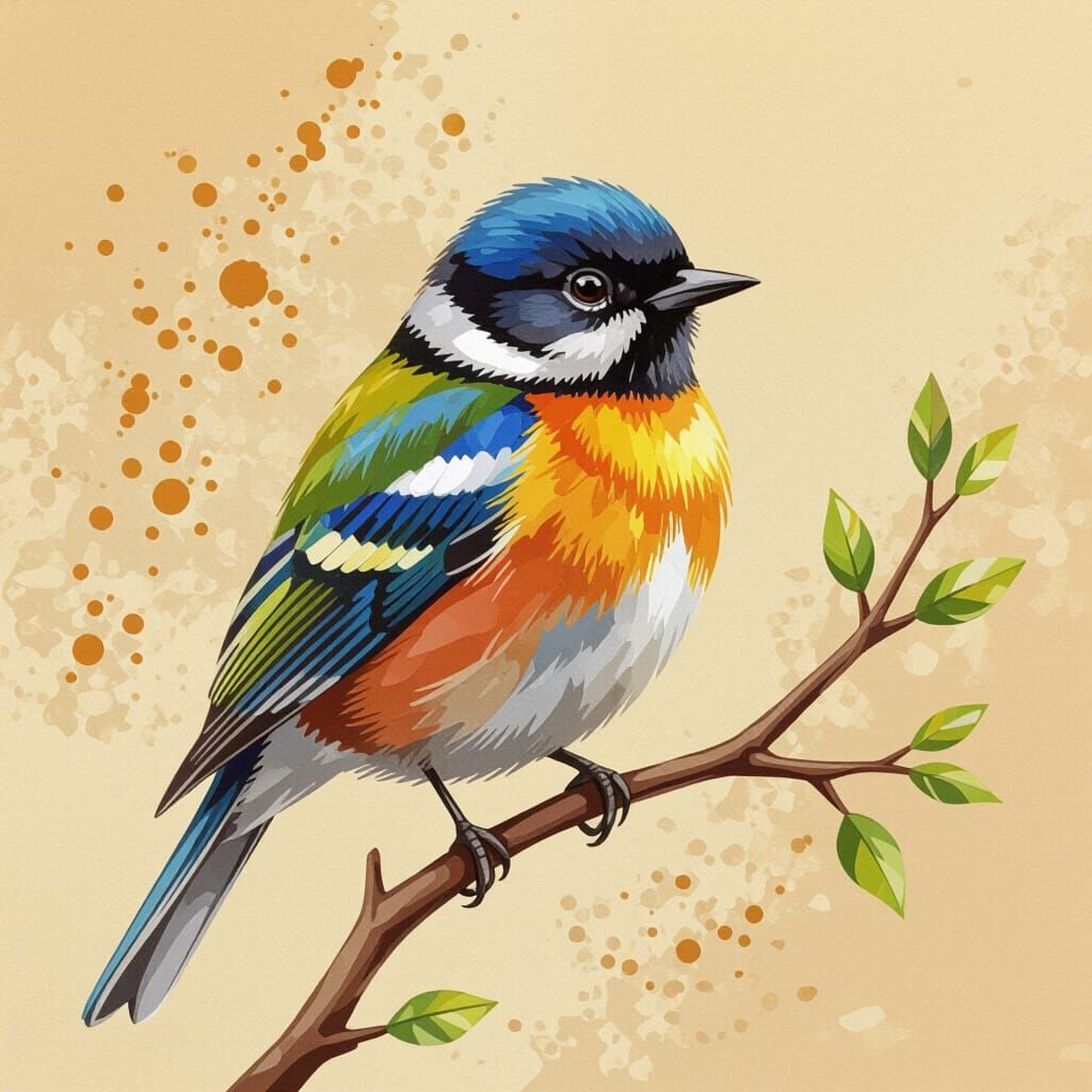 Colorful Bird on Branch in Hand-Painted Style
