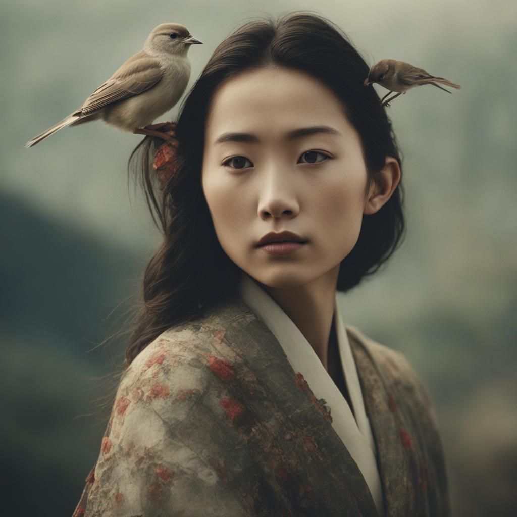 Asian Woman with Bird: Double Exposure Art