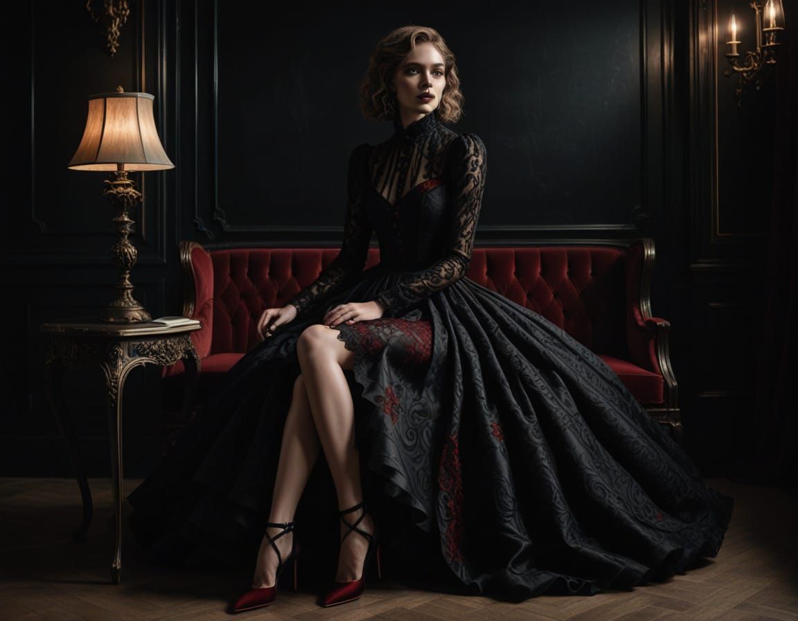 Woman in Gothic Dress with Crimson Lace