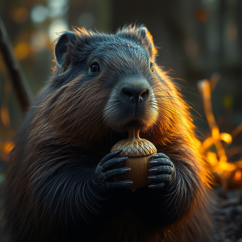 an ash brown capybara with dark brown paws and amethyst purple eyes eating a peanut brown acorn