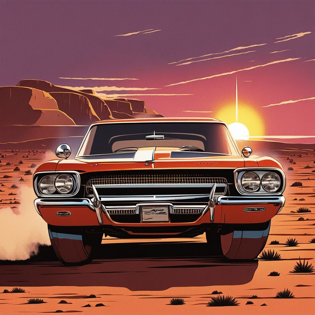 Retrofuturistic Muscle Cars Race Through Desert Sunset
