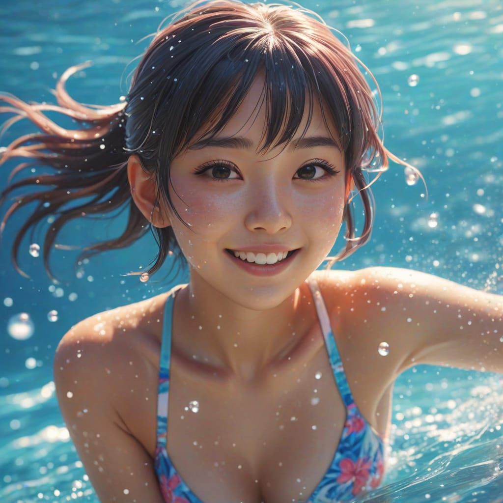 Vibrant Anime Girl Dives into Serene Oceanic Backdrop