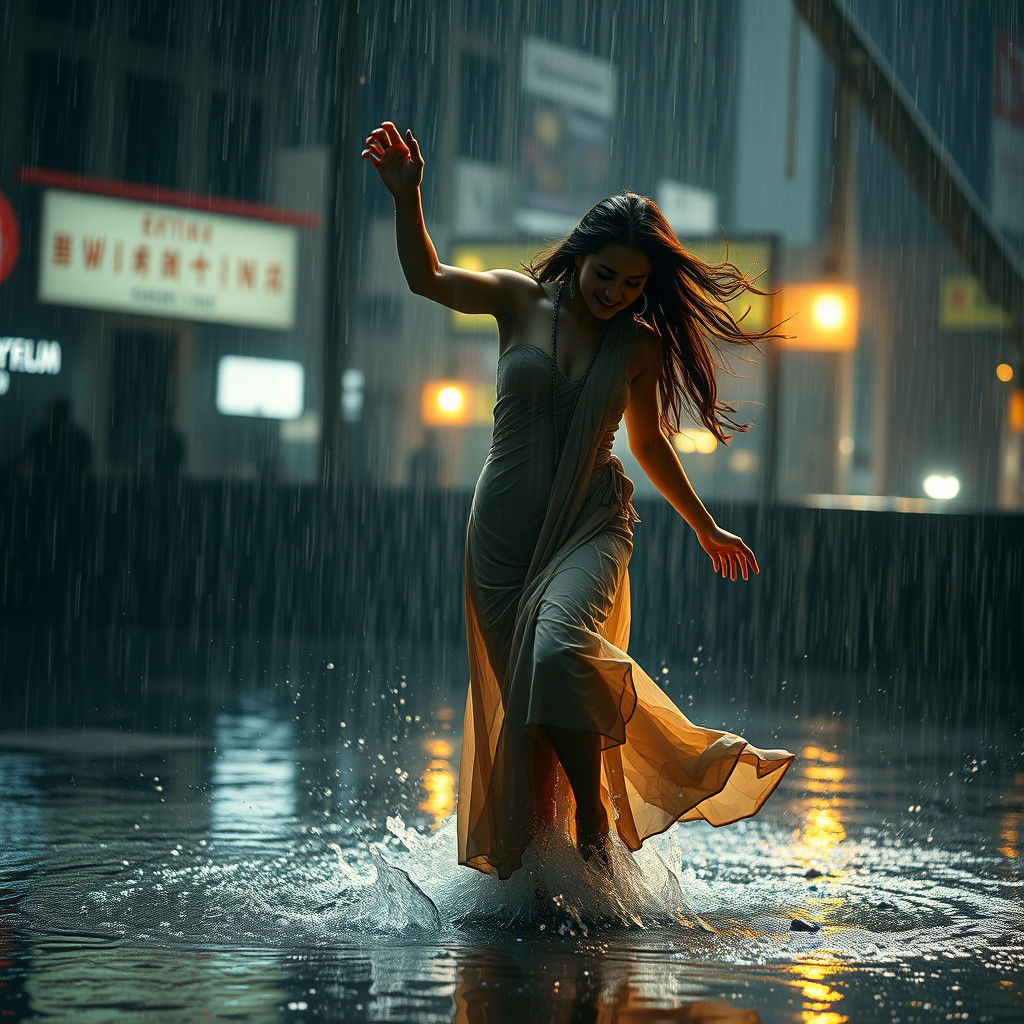 Woman Dancing in Rain: Cinematic Digital Painting